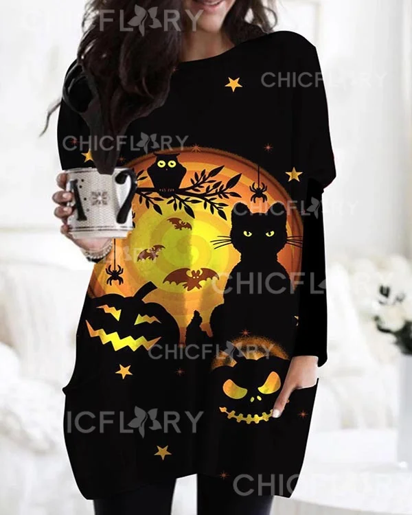 Halloween Long Sleeve Casual Pocket T-Shirt Top