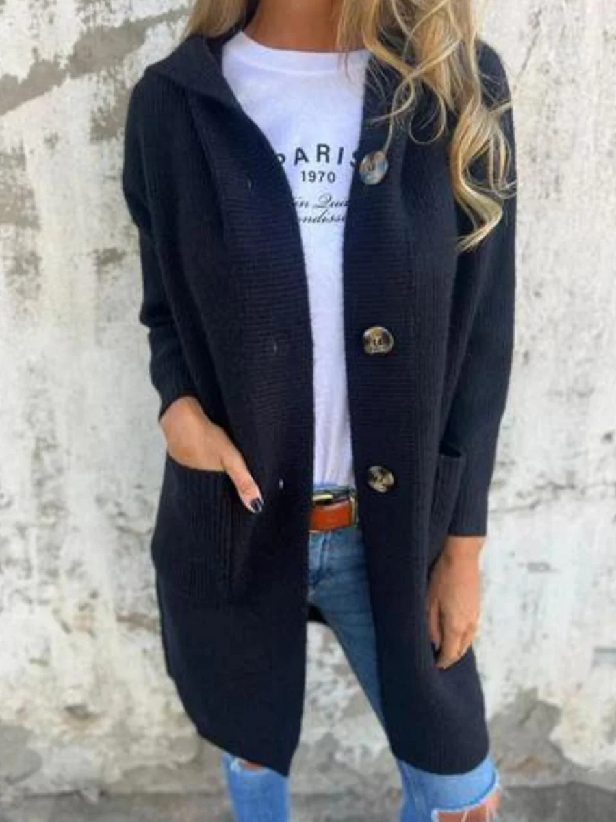 Athvotar Athvotar And Winter New Solid-Color Hooded Knitted Cardigan Women's Long-Sleeved Sweater Coat Loose Single-Dbutton Pocket Coat