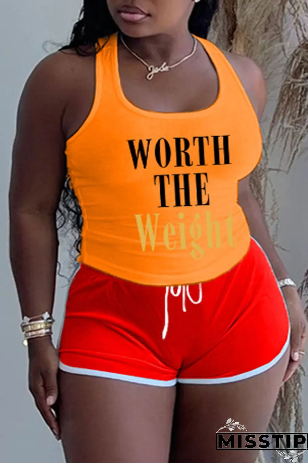 Khaki Casual Letter Patchwork U Neck Plus Size Two Pieces