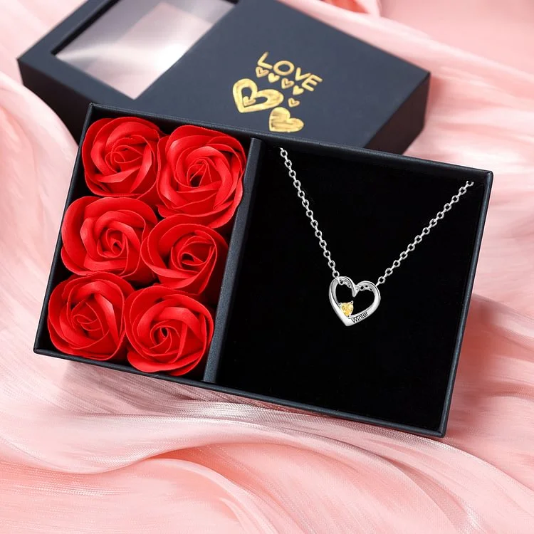 1 Name - Personalized Birthstone Necklace Set with Rose Gift Box - Customized Love Pendant Necklace Engraved Name Gift for Her