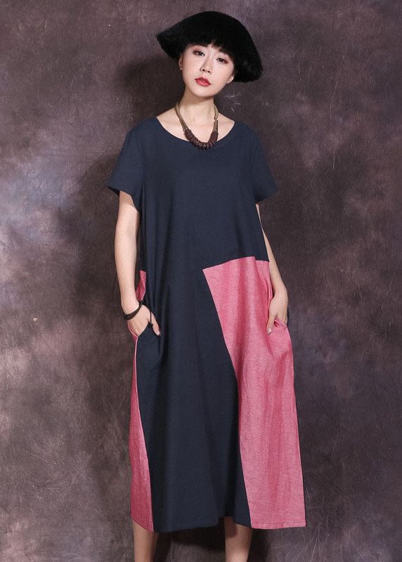Loose Blue Patchwork Cotton Vacation Dresses Short Sleeve CK2362- Fabulory