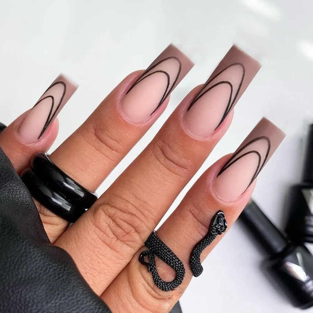 Extra Long Coffin Fake Nail Black And White Plaque False Nails French Ballerina Artificial Full Cover Nail Tips Press On Nail 515-1-Nail Inspo