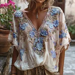 Bohemian-style Pink Floral Embroidery V-neck Short-sleeved Shirt With Sequins - Image 5