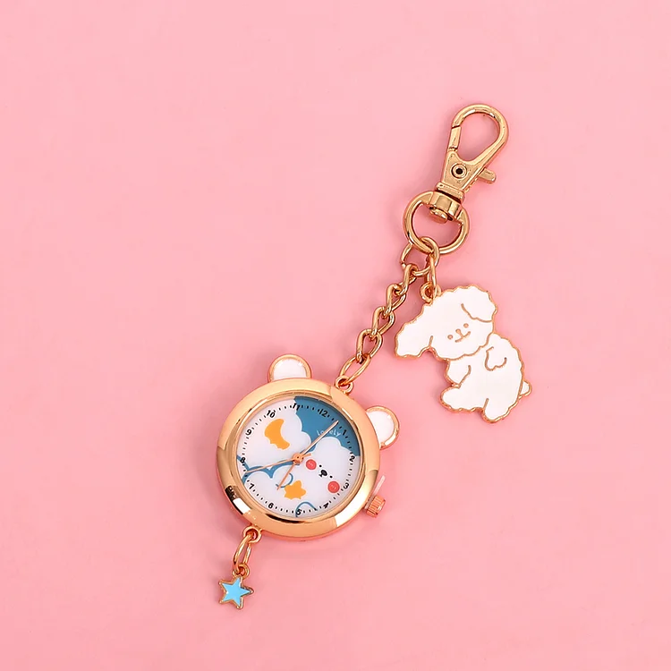 JOURNALSAY Cute Cartoon Cat Sakura Pocket Watch Keychain Pendant