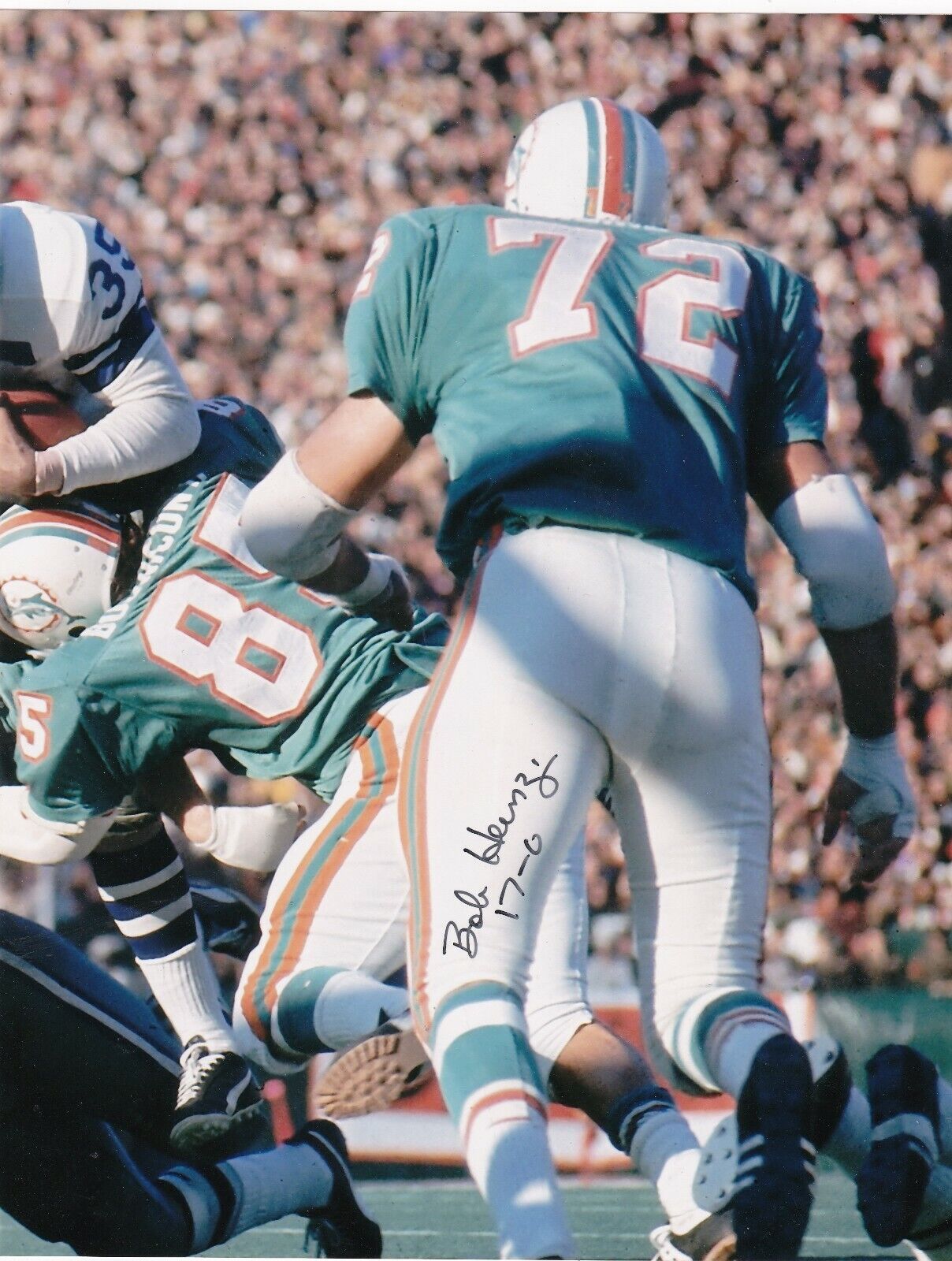 BOB HEINZ MIAMI DOLPHINS 1972 17-0 ACTION SIGNED 8x10