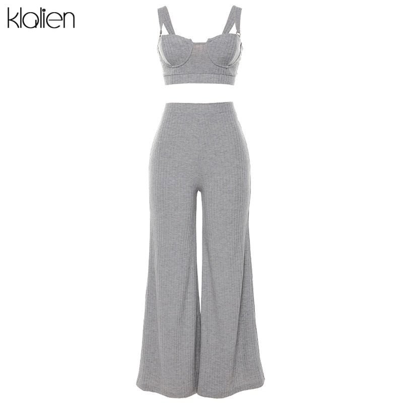 KLALIEN Autumn Wild Thin Knitted Vest + Loose Straight Bell-Bottomed Pants 2022 Fashion Stretch Slim Soft Home Wear 2 Pieces Set