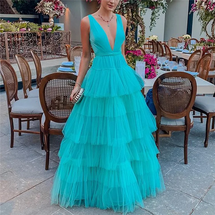 Trendy Elegant Layered V Neck Frilled Long Mesh Sexy Prom Dress