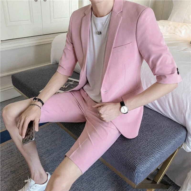 Woherb Men Suit Set Slim Fit Half Sleeve Knee Length Pants Korean Style Men's Clothing Pink White Summer Suit Jacket with Short Pant