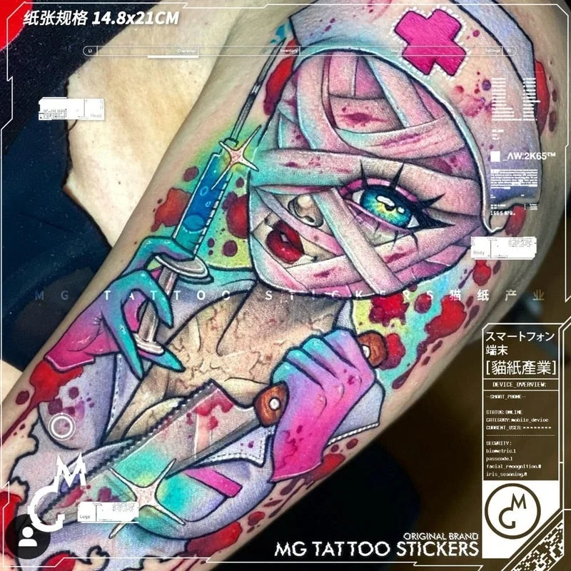 Dark Anime Nurse Girl Alternative Tattoo Stickers Waterproof Men and Women Tide Tattoo Stickers