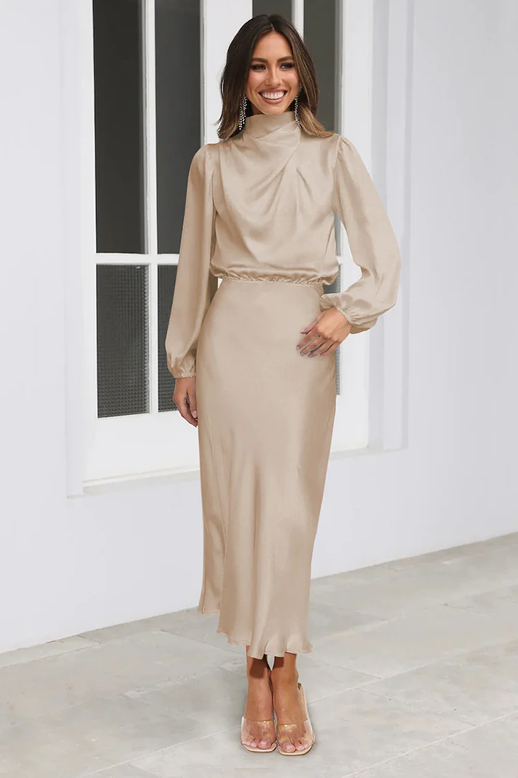 Elegant Satin High Neck Long Puffy Sleeve Pleated Ruffle Hem Wedding Guest Slim Midi Dresses