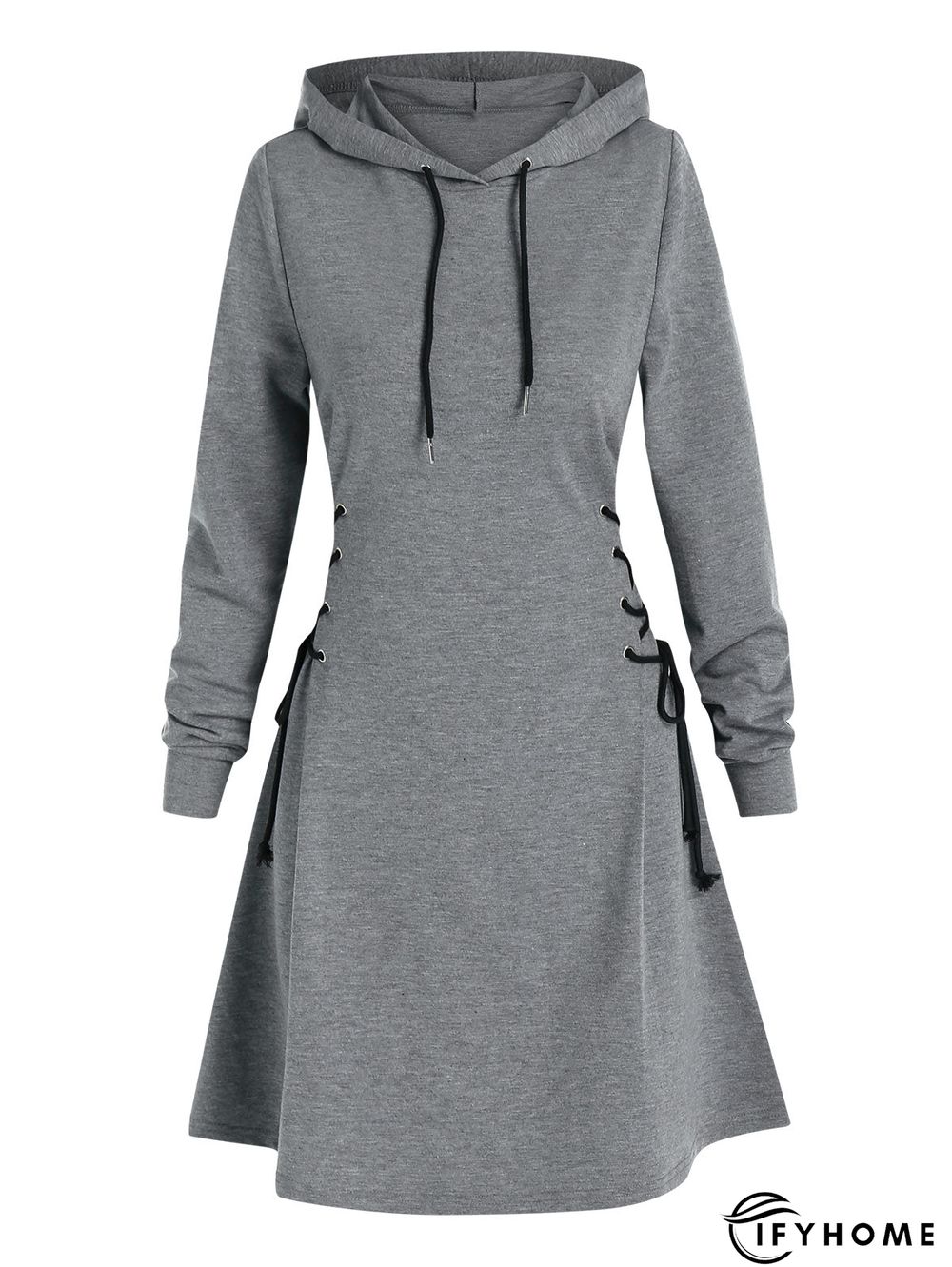 Women Long Sleeve Autumn Dress Drawstring Lace Up Hoodie Gothic Mini Dress | IFYHOME