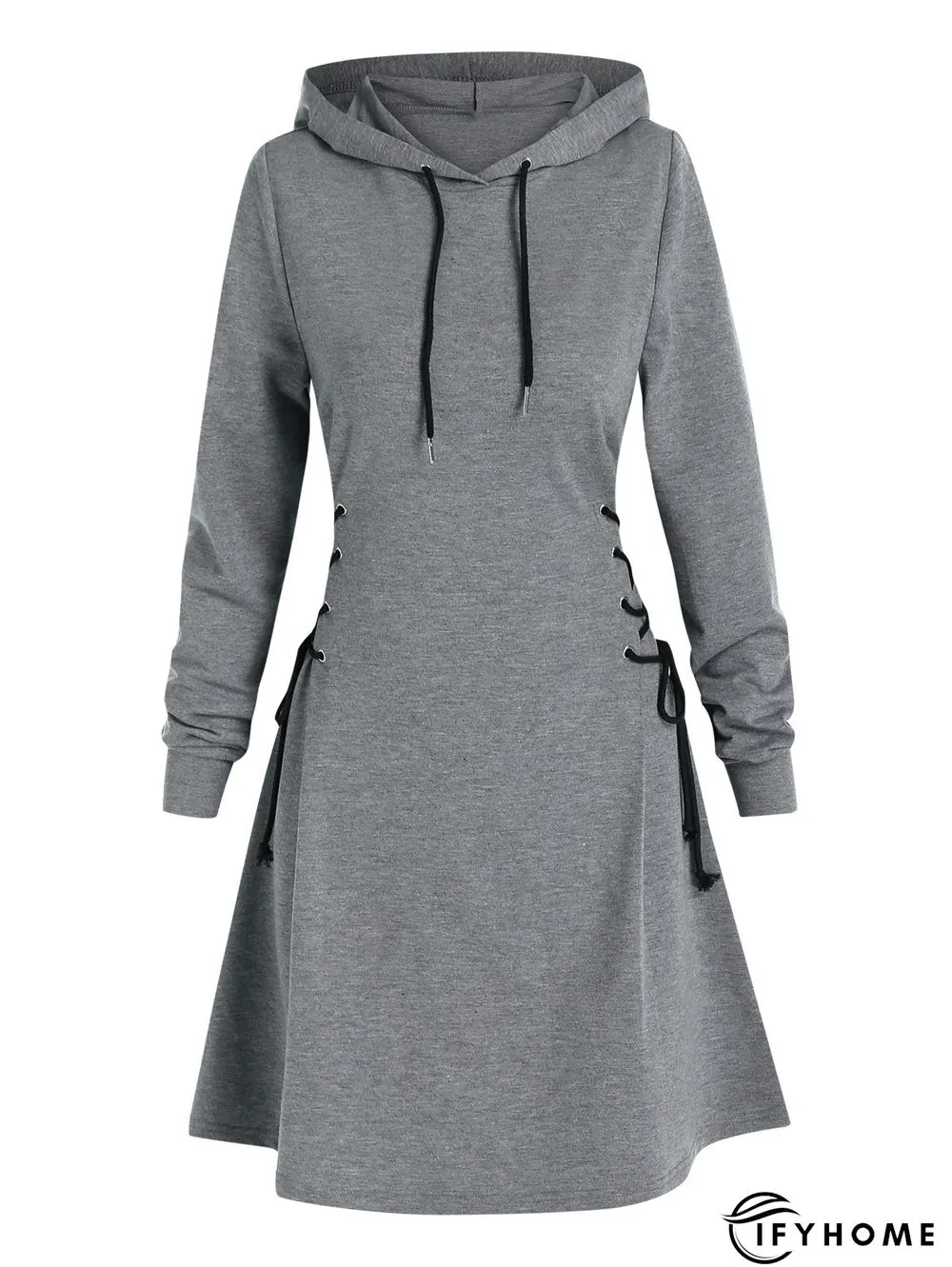 Women Long Sleeve Autumn Dress Drawstring Lace Up Hoodie Gothic Mini Dress | IFYHOME