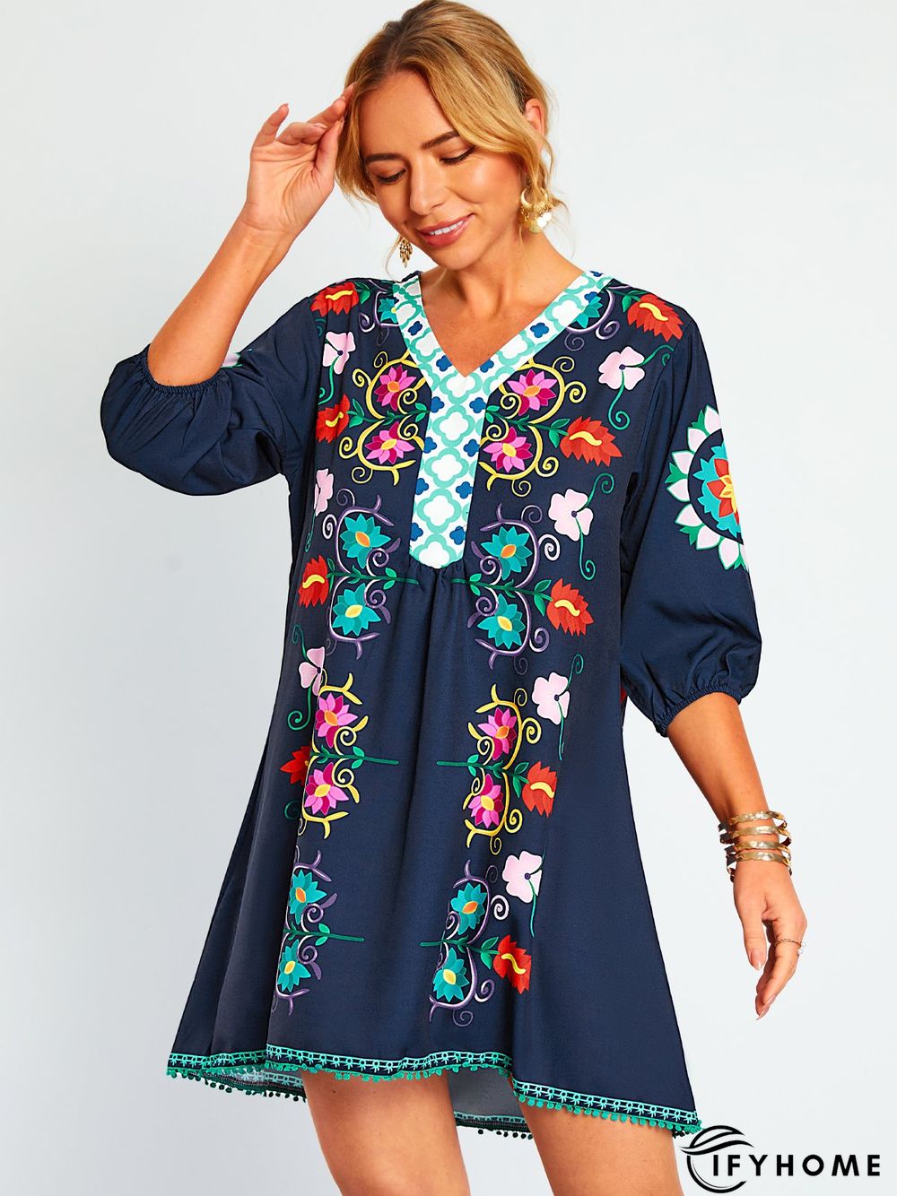 Cotton-Blend Casual Floral Weaving Dress | IFYHOME