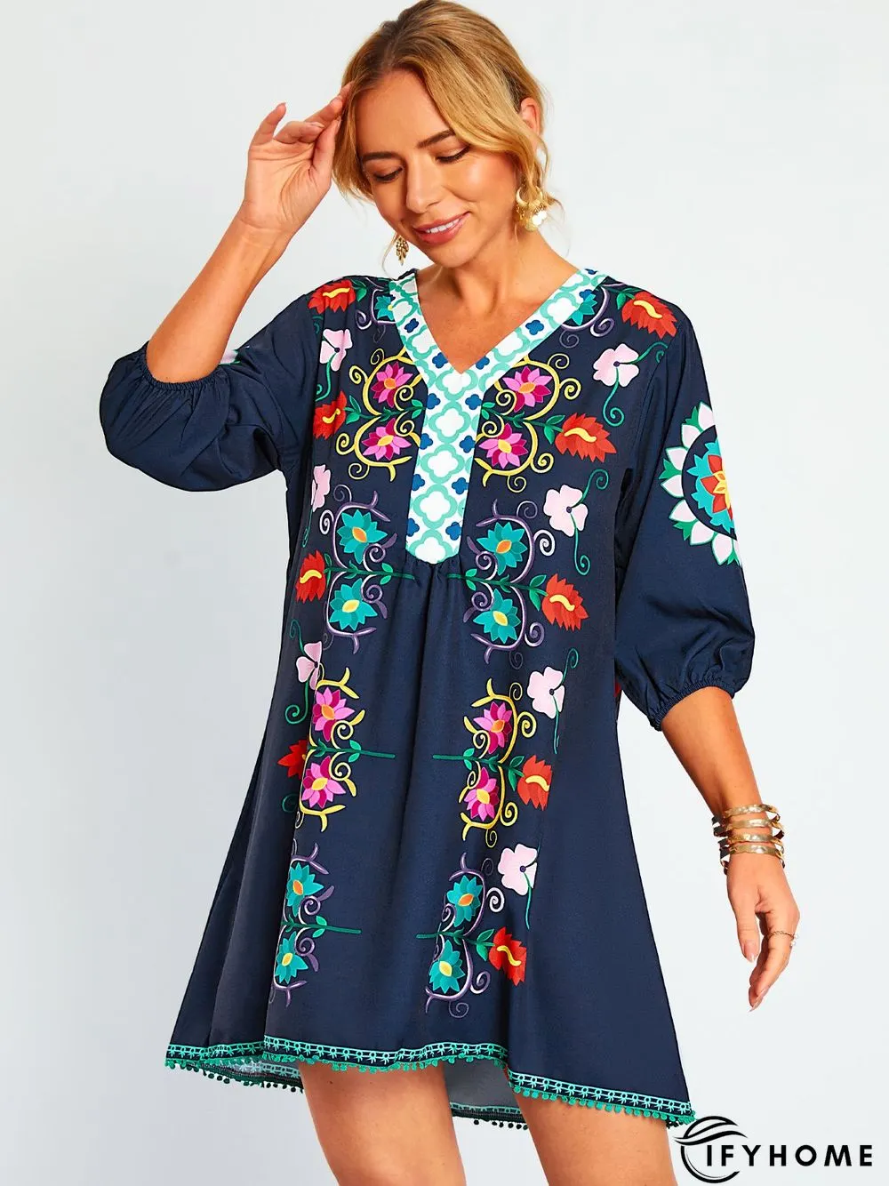 Cotton-Blend Casual Floral Weaving Dress | IFYHOME