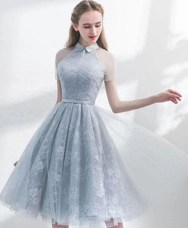 Unique Gray Tulle Lace Short Prom Dress, Gray Evening Dress A026