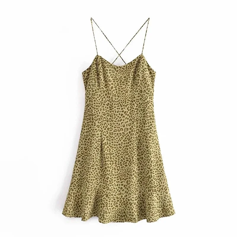 Za Women's Dresses Leopard Printed Mini Dress Spaghetti Strap Camis Vestidos Elastic Tank Camiscole High Waist Beach Femme Robes