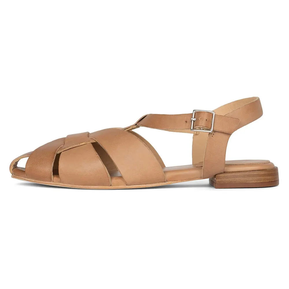 Classic Tan Round Toe Woven Design Ankle Strap Summer Sandals