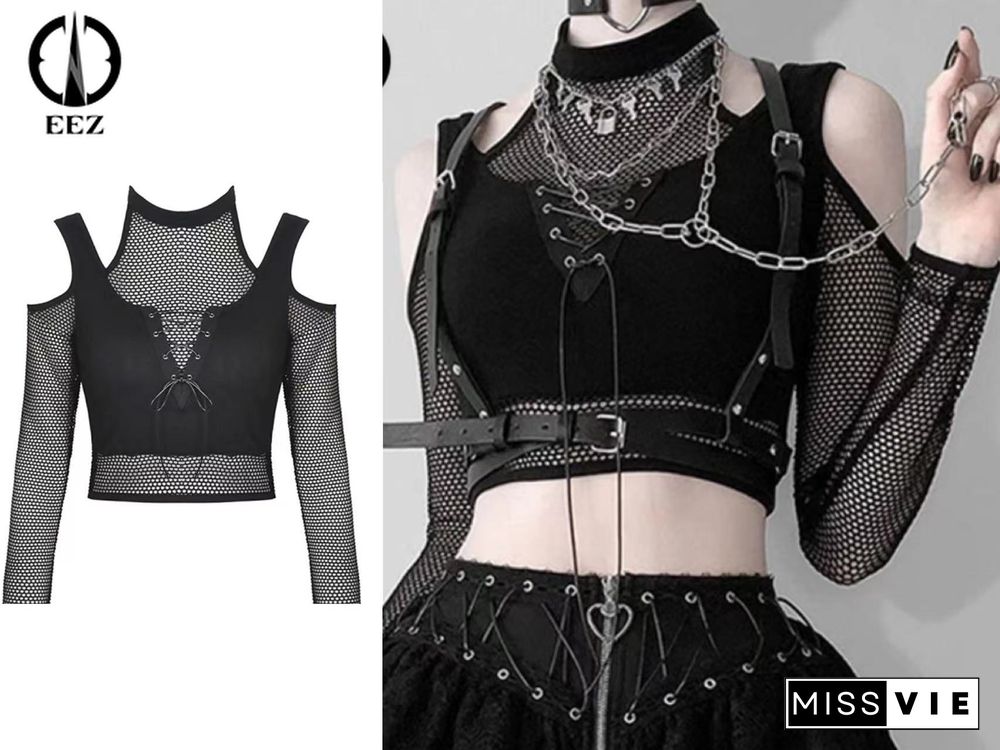 Off Shoulder Long Sleeve Womens Clothing Halter Corset Punk Black Bandage Crop Tops