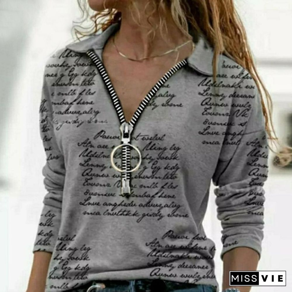 Fashion Womens Neck Long Sleeve Tops Ladies Casual Shirts Zipper Letter Print Blouse Plus