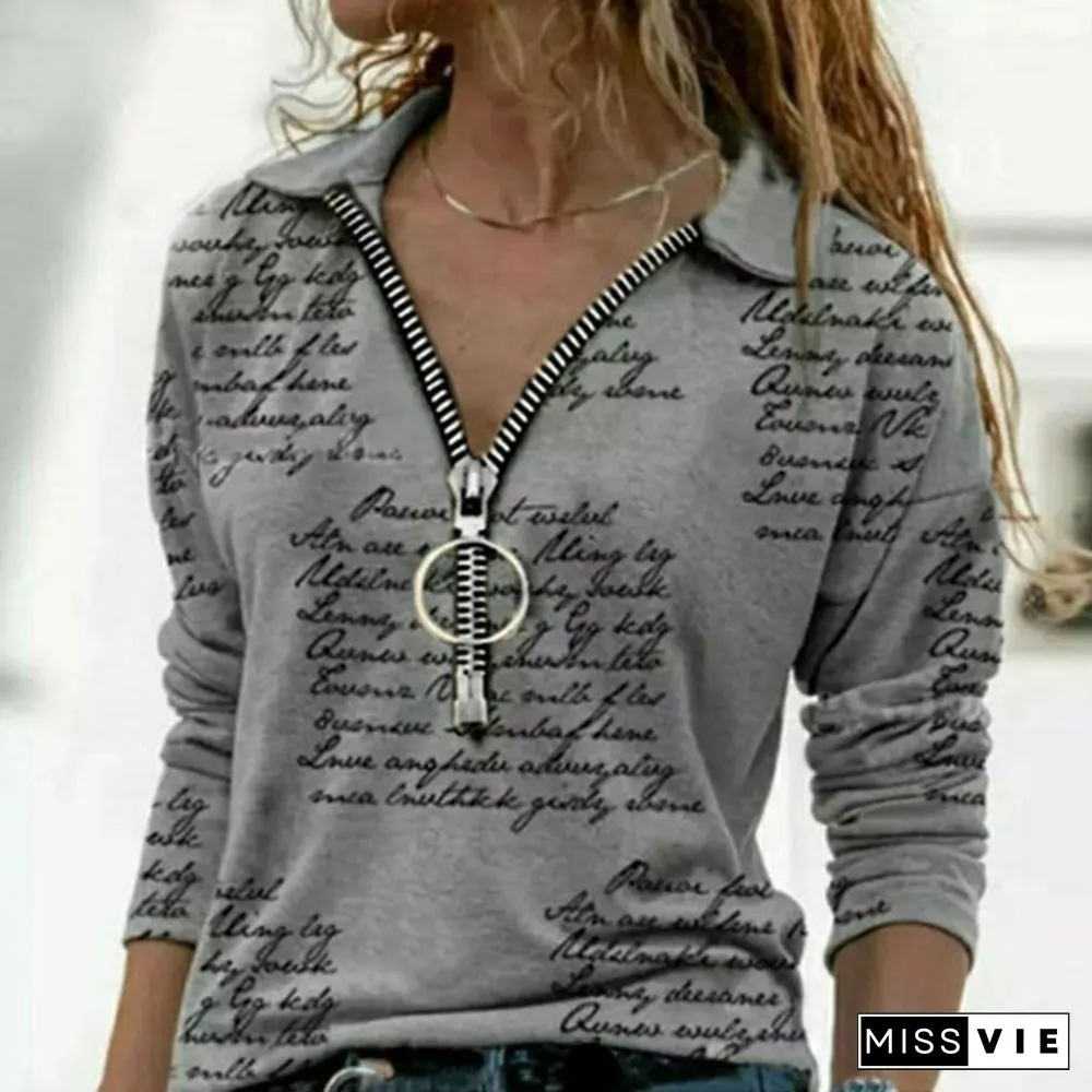 Fashion Womens Neck Long Sleeve Tops Ladies Casual Shirts Zipper Letter Print Blouse Plus