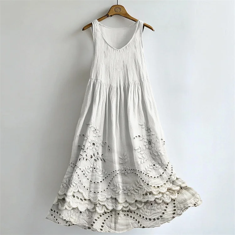 Cottage Floral Lace Embroidered Flowy Linen Tank Dress