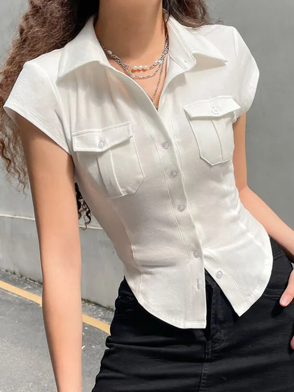 Brownm Y2K blouse with pocket and button placket