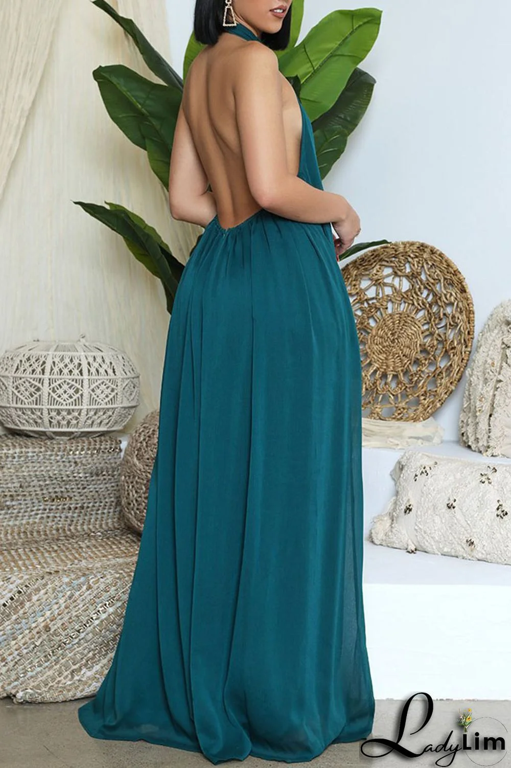 Yellow Elegant Solid Patchwork Backless Halter Straight Jumpsuits