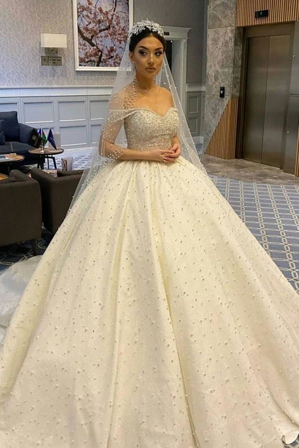 Bellasprom Elegant Sweetheart Off-the-Shoulder Backless Ball Gown Wedding Dresses With Pearl Beading Ruffles