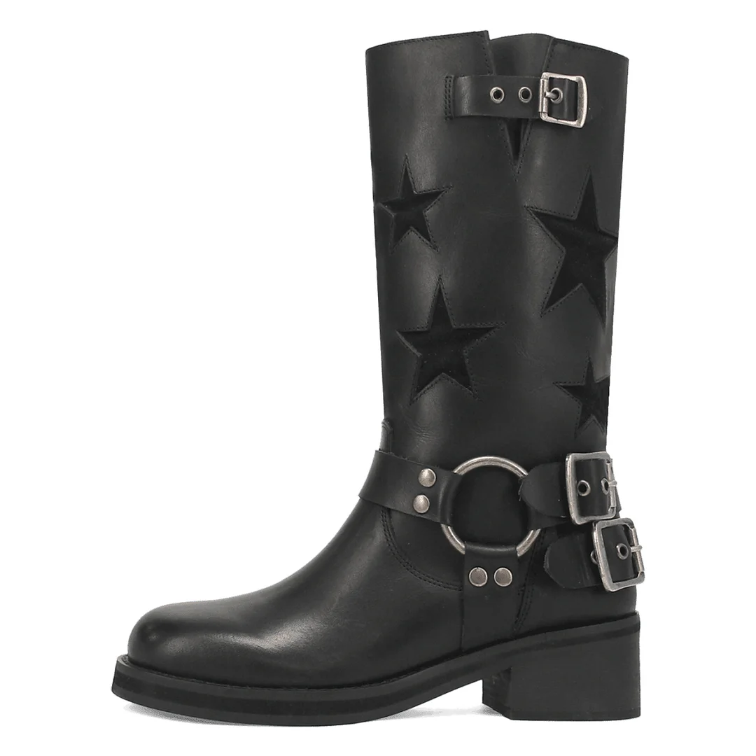 Vegan Leather Star Inlay Studded Buckle Strap Block Heel Black Boots