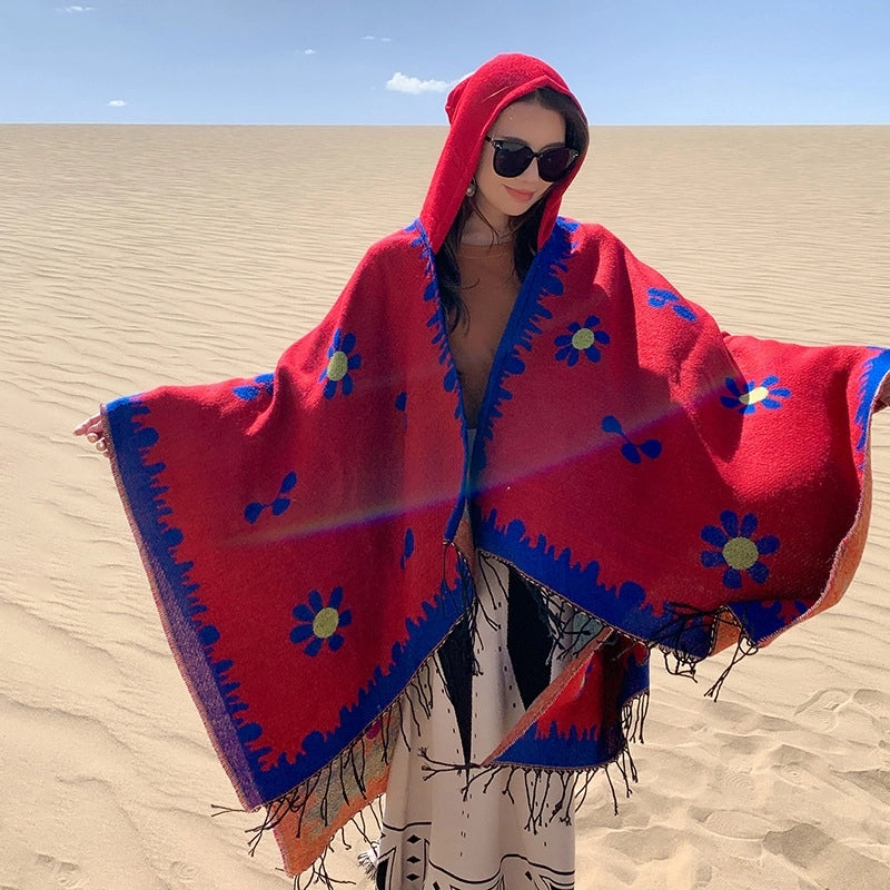 Ethnic Style Hooded Shawl Cloak Lijiang Xinjiang Tibet Northwest Tourism Wear Photograph Warm Outer Cape