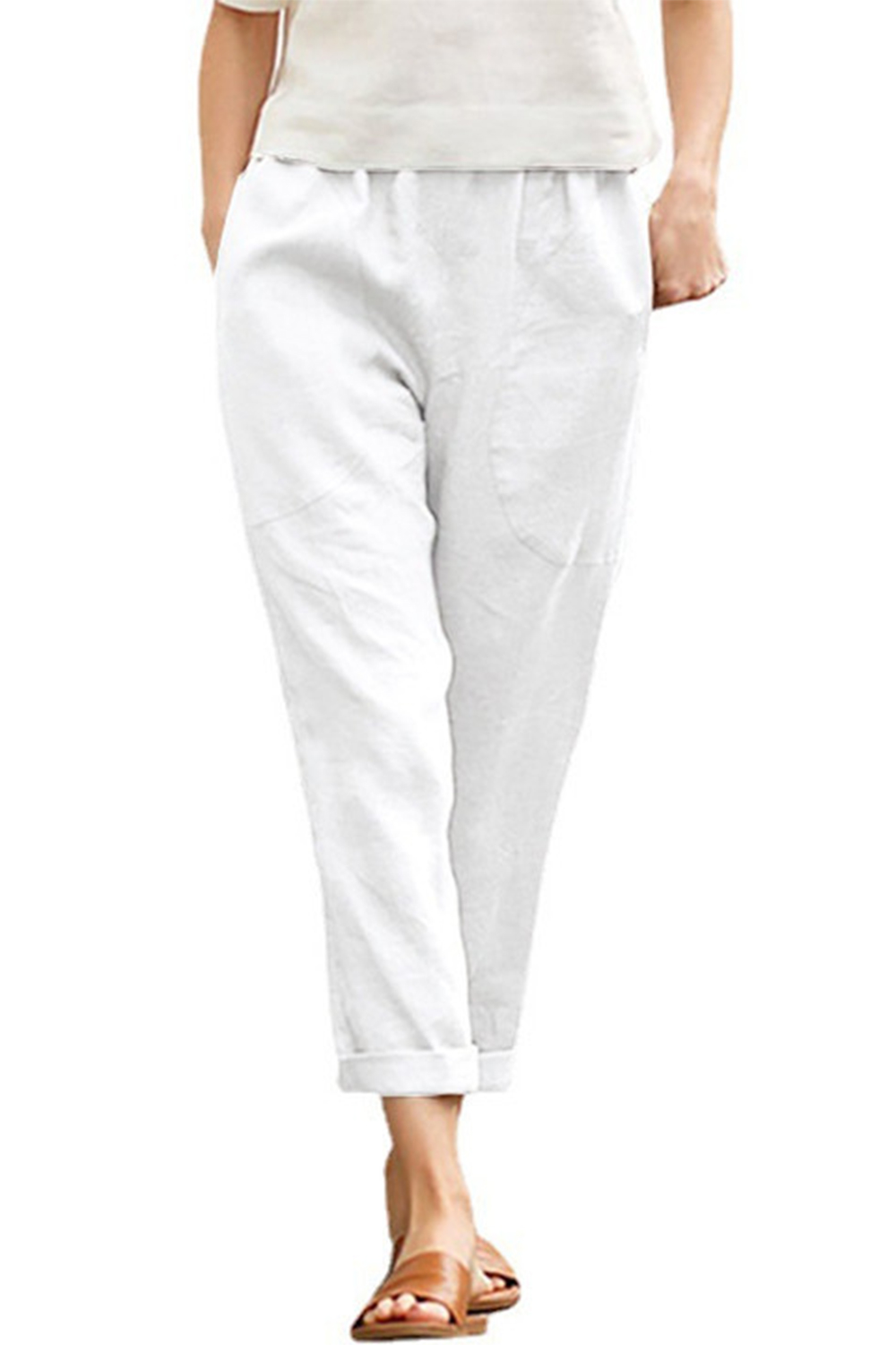 Plus Size Casual Khaki Cotton And Linen Pocket Cropped Harem Pants 2024 - Flycurvy 
