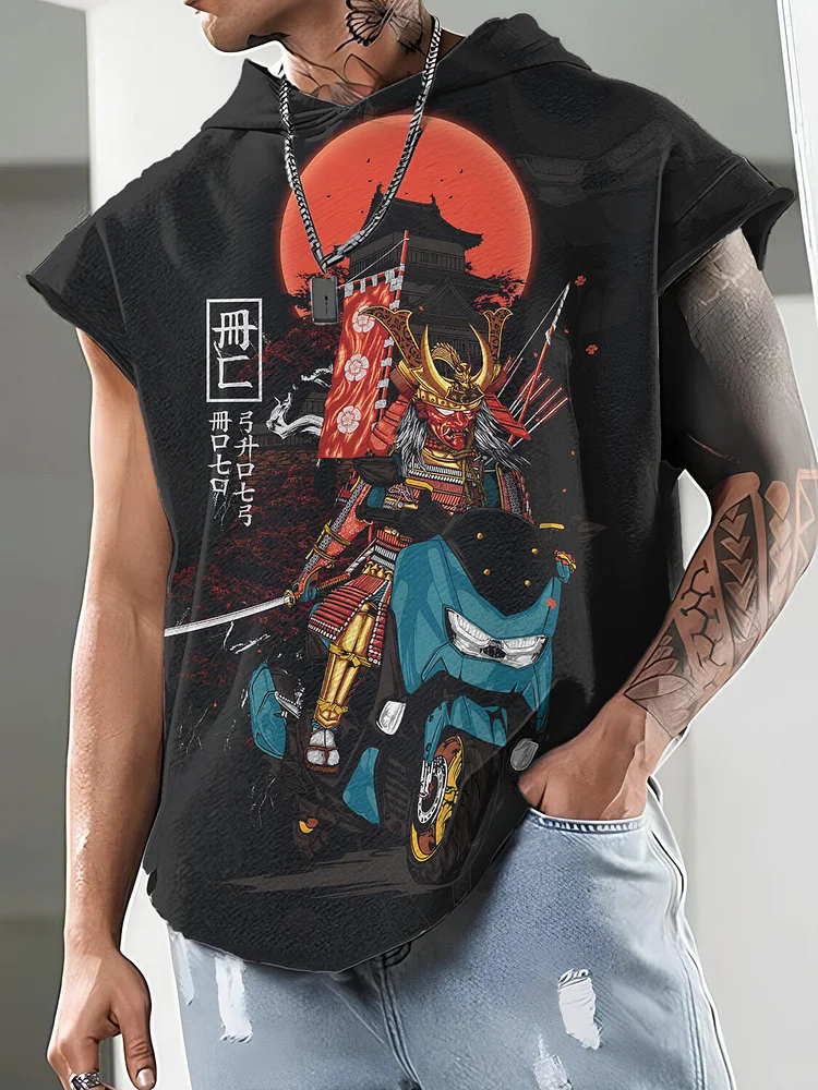 Men's Motorcycle Samurai Japanese Art Print Workout Hooded Tank Top