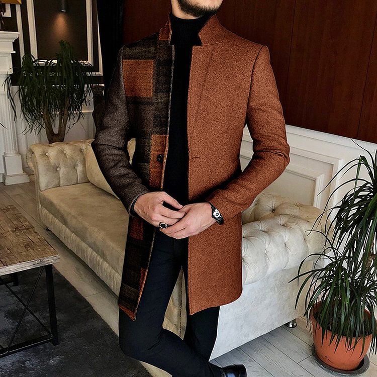 BrosWear Men's Colorful Stand-Up Collar Mid-Length Tweed Coat