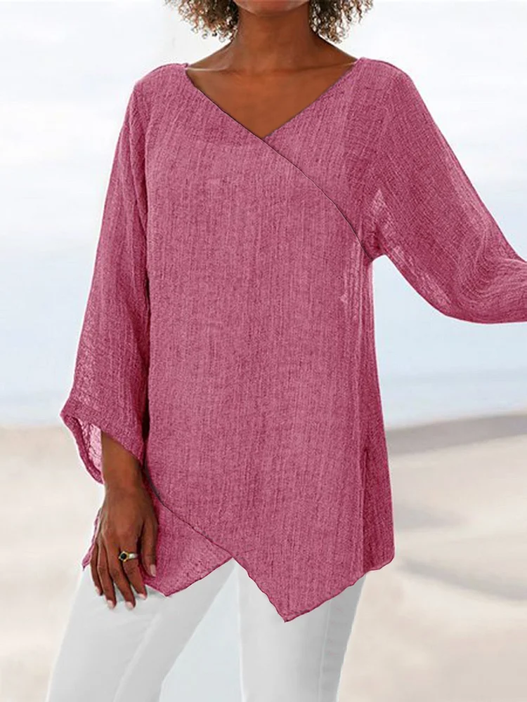 Paneled V Neck Solid 3/4 Sleeve Shirts & Tops