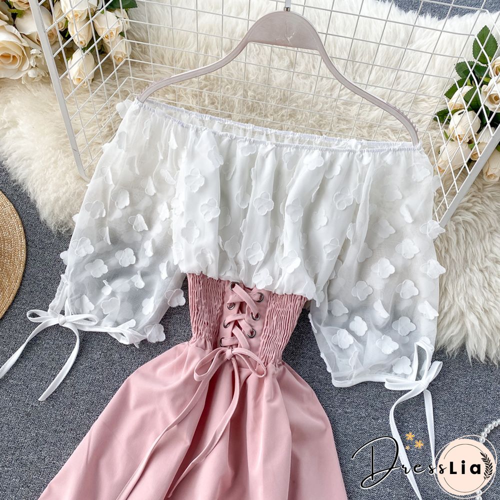 Sexy Off Shoulder Patchwork Summer Short Dress Party Flower Chiffon Slim Waist Lace Up Women Casual A-Line Beach Dress