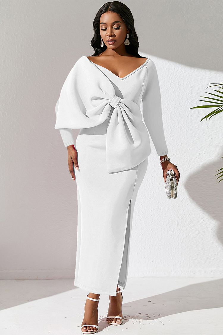 Oversize Bow Decor V Neck Long Sleeve Bodycon Slit Party Midi Dresses-DeepPink