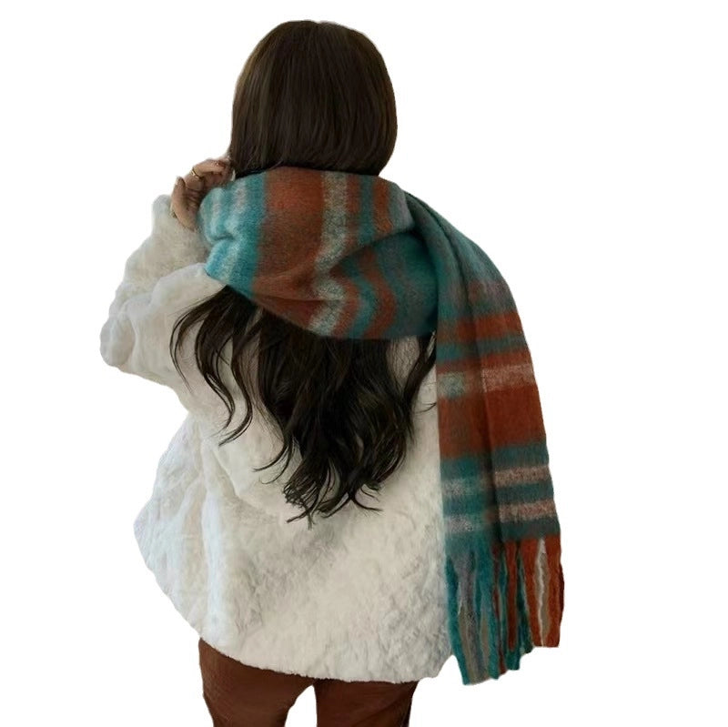 Autumn And Winter Thickened Scarf Women’s Korean-style Rainbow Plaid Tassel Mohair Shawl Student Versatile Warm Scarf Fashion