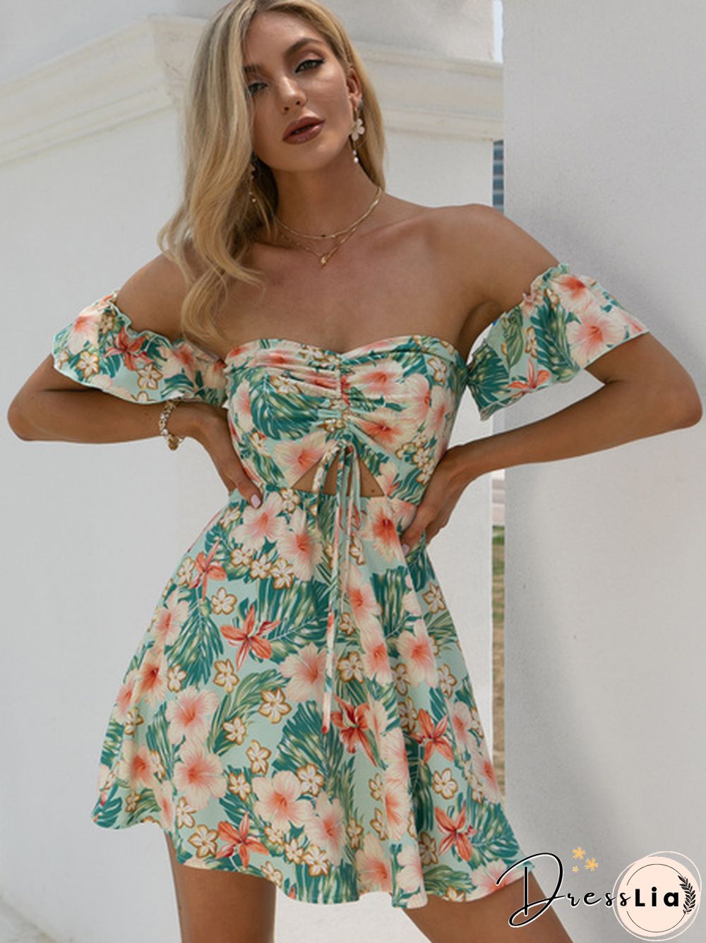 Tropical Floral Print Drawstring Peekaboo Bardot Beach Hot Dress