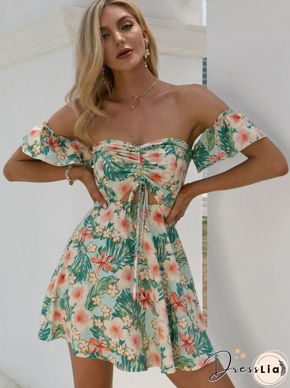 Tropical Floral Print Drawstring Peekaboo Bardot Beach Hot Dress