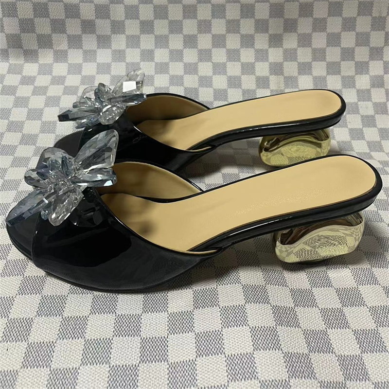 Crystal Rhinestone Flower Decor Sandals Women Patent Leather Slingbacks Stone-Shaped Strange Heel Mules