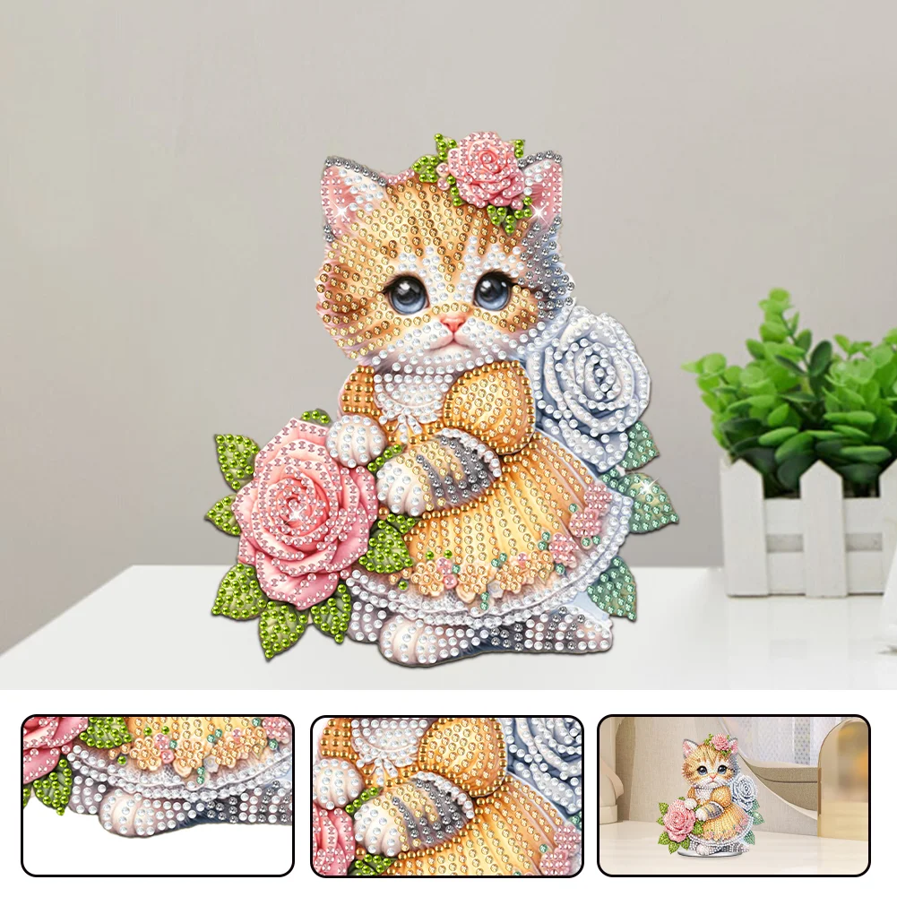 DIY Flower Cat Acrylic Shaking Head Diamond Painting Desktop Ornaments for Home Decor