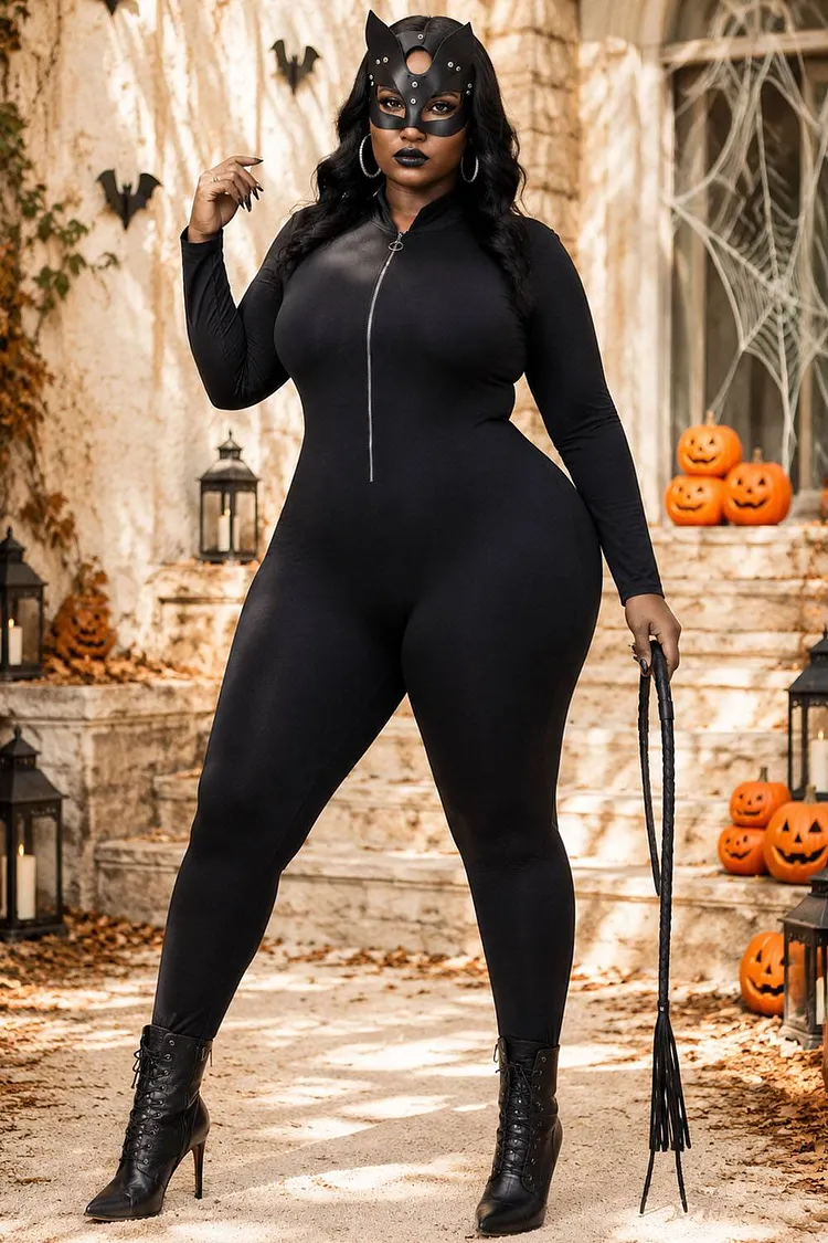 Xpluswear Design Plus Size Halloween Costume Gothic Black Zipper Long Sleeve Knitted Jumpsuit（Ships 24h） 2024 - Xpluswear