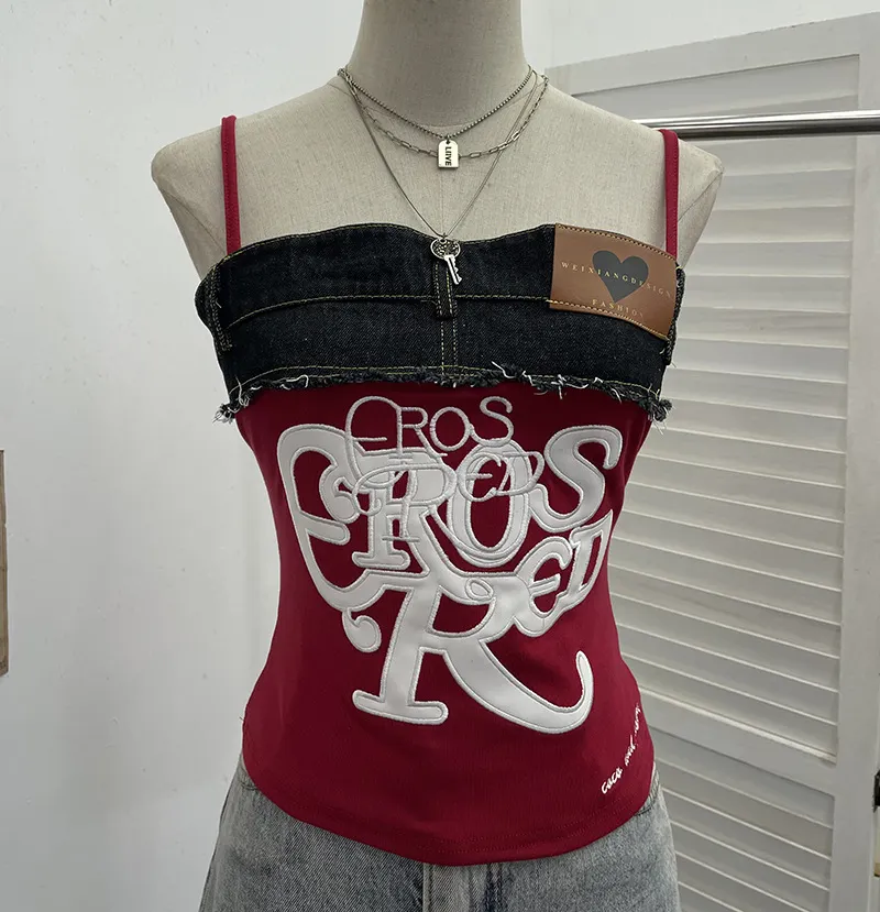 Churchf Design-Sensitive Edge Denim Spliced Letter Embroidered Sling Sling Vest T-Girls Short Top 23098