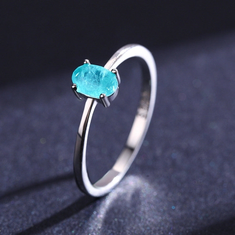 Simple S925 Sterling Silver Egg-shaped Imitation Paraiba Tourmaline Ring Female