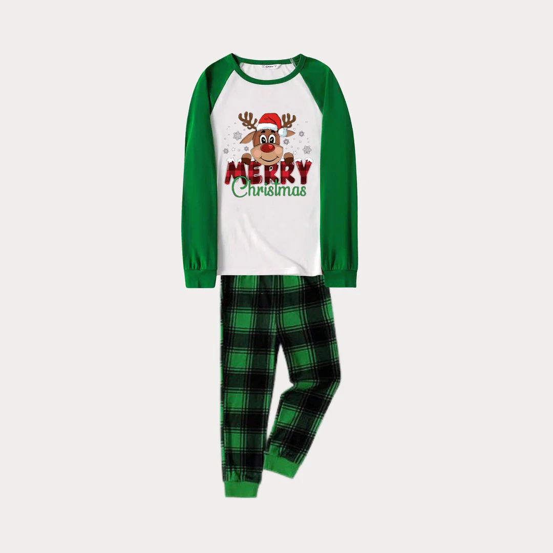 Merry Christmas and Deer Print Long Sleeve Top With Green & Black Plaid Christmas Family Matching Pajamas