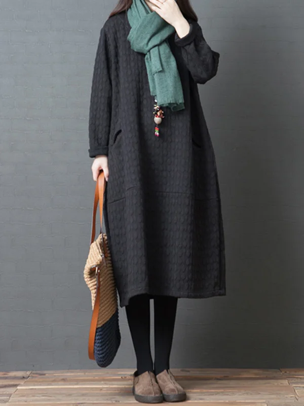 Loose Solid Color Split-Joint With Pocket Round-Neck Long Sleeves Midi Dress