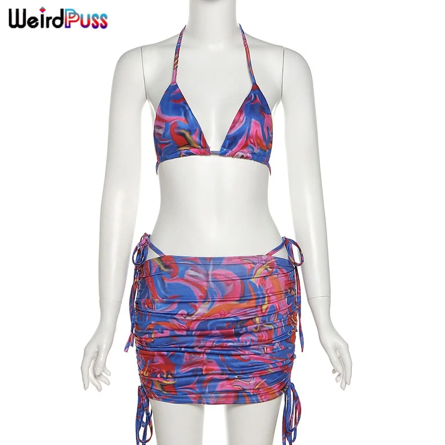 Weird Puss Summer Swimsuit Women Sexy Trend Bikini Tops+Skirt Suits Beach Style Matching Sets Chic Fairy Grunge Vacation Outfits