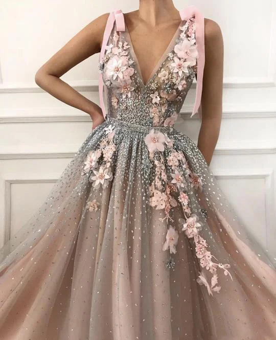 Fairy V Neck Floral Beaded Long Tulle Prom/Evening Gowns