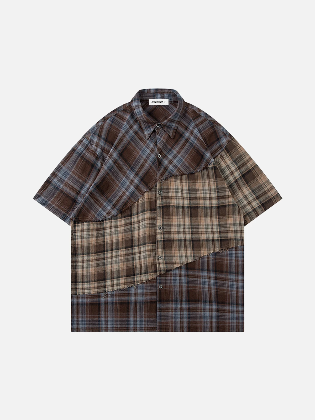 Brown Act Chic Irregular Plaid Patchwork Short Sleeve Shirt Front