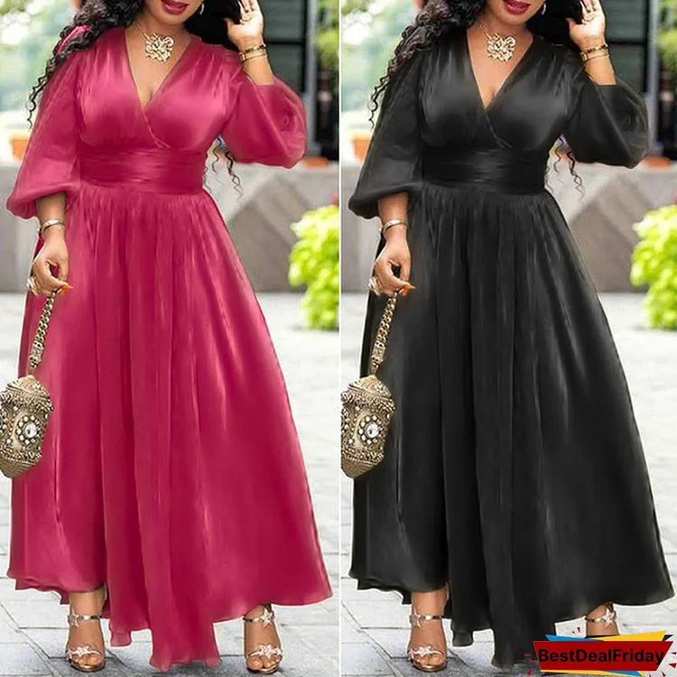 Women Vintage Daily Full Puff Sleeve V-Neck Party Dress Solid Color High Waist Pleated Evening Dress Plus Size Loose Maxi Dress